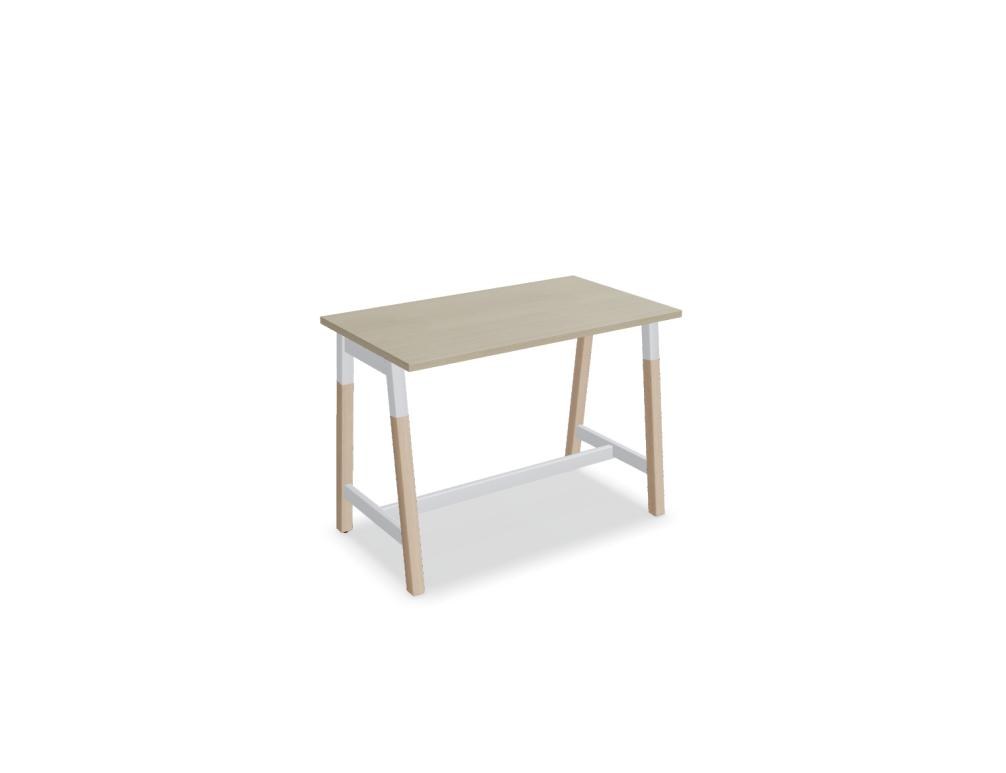Stehtisch Ogi W von Mdd mit Tischplatte in Honigeiche, schwarzem Metallgestell und Beinen aus Eschenholz, minimalistische Formgebung.