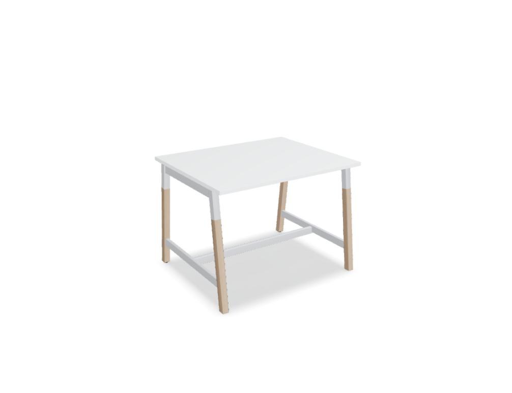 Stehtisch Ogi W von Mdd mit Tischplatte in Honigeiche, schwarzem Metallgestell und Beinen aus Eschenholz, minimalistische Formgebung.