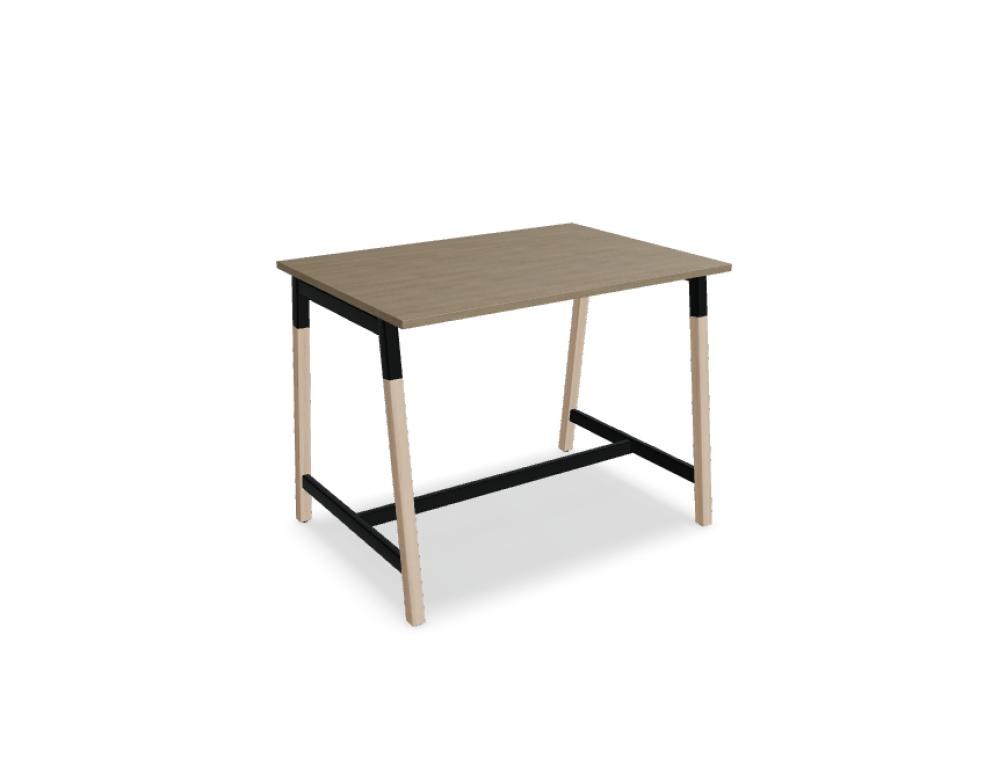 Stehtisch Ogi W von Mdd mit Tischplatte in Honigeiche, schwarzem Metallgestell und Beinen aus Eschenholz, minimalistische Formgebung.