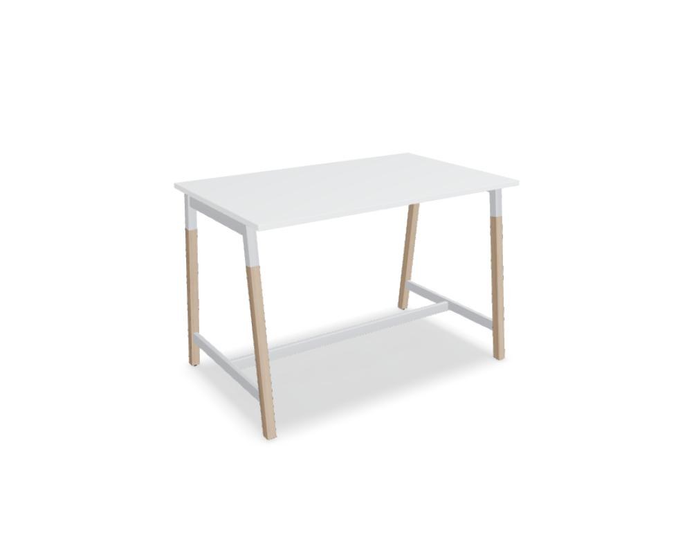 Stehtisch Ogi W von Mdd mit Tischplatte in Honigeiche, schwarzem Metallgestell und Beinen aus Eschenholz, minimalistische Formgebung.