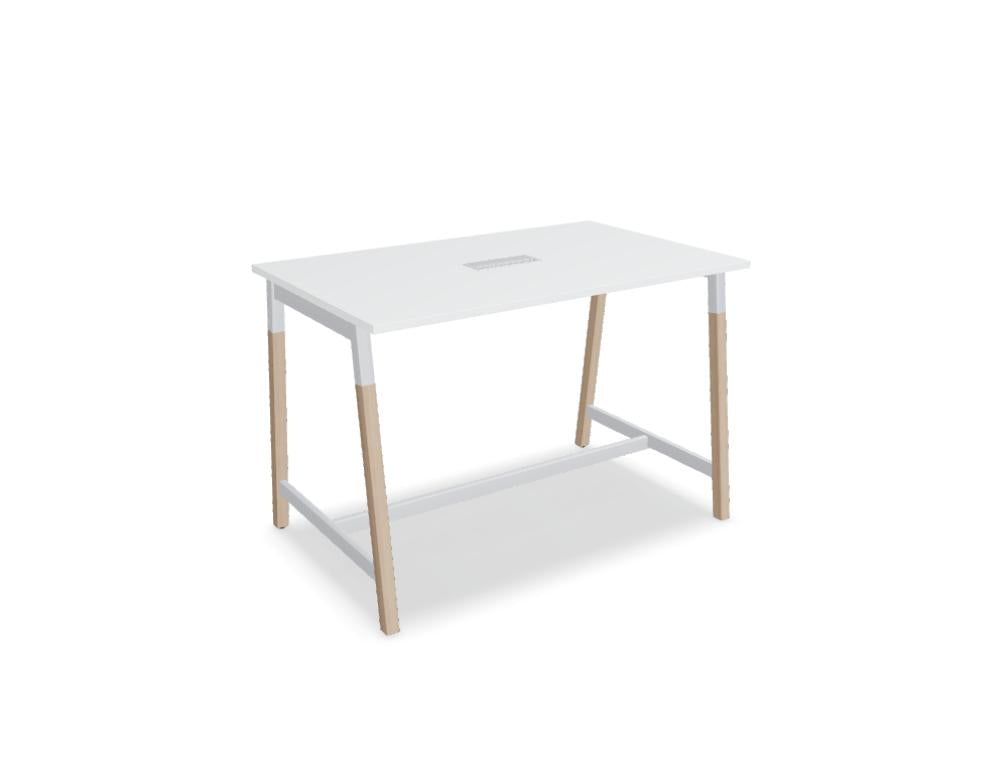 Hochtisch Ogi W PSD726 von Mdd, zeitloser Stehtisch mit mattschwarzer Basis und heller Platte, geeignet für Büro- oder Lounge-Bereich