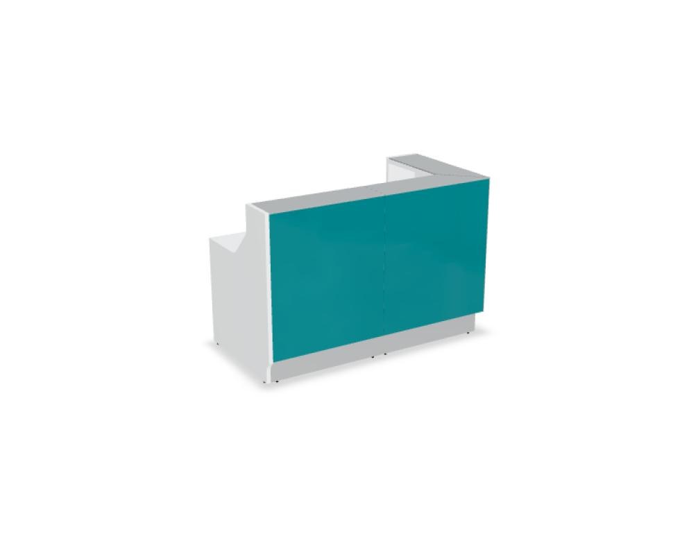 Weisse modulare Empfangstheke Linea von Mdd mit Glasfront, LED-Beleuchtung, Aluminiumsockel und Edelstahl-Eckleiste im Büro.