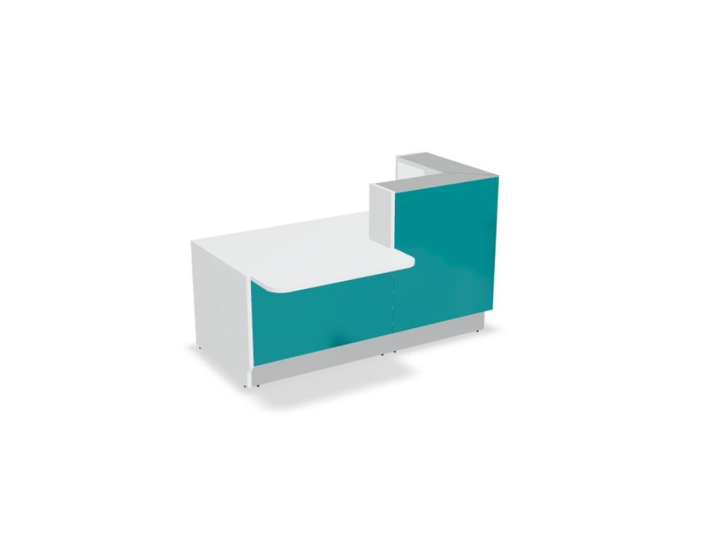 Weisse modulare Empfangstheke Linea von Mdd mit Glasfront, LED-Beleuchtung, Aluminiumsockel und Edelstahl-Eckleiste im Büro.