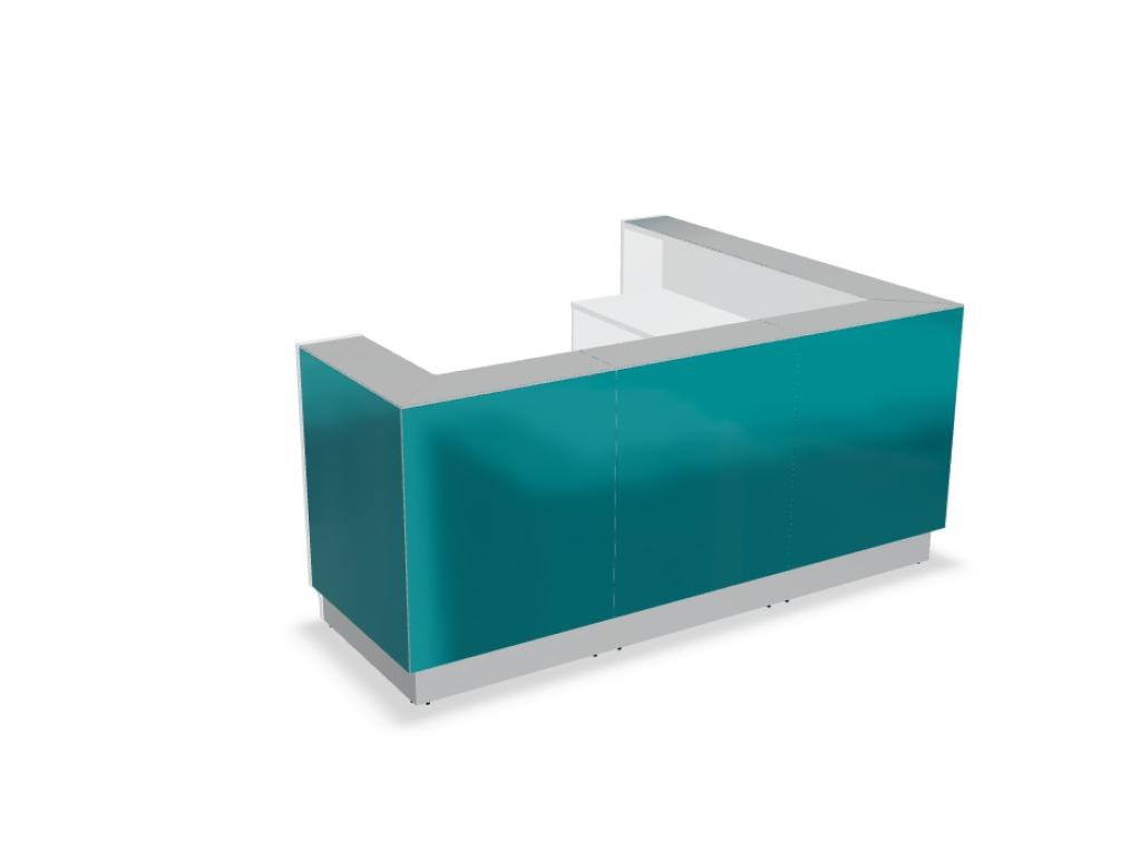 Weisse modulare Empfangstheke Linea von Mdd mit Glasfront, LED-Beleuchtung, Aluminiumsockel und Edelstahl-Eckleiste im Büro.