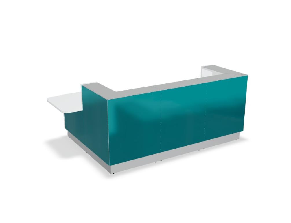 Weisse modulare Empfangstheke Linea von Mdd mit Glasfront, LED-Beleuchtung, Aluminiumsockel und Edelstahl-Eckleiste im Büro.