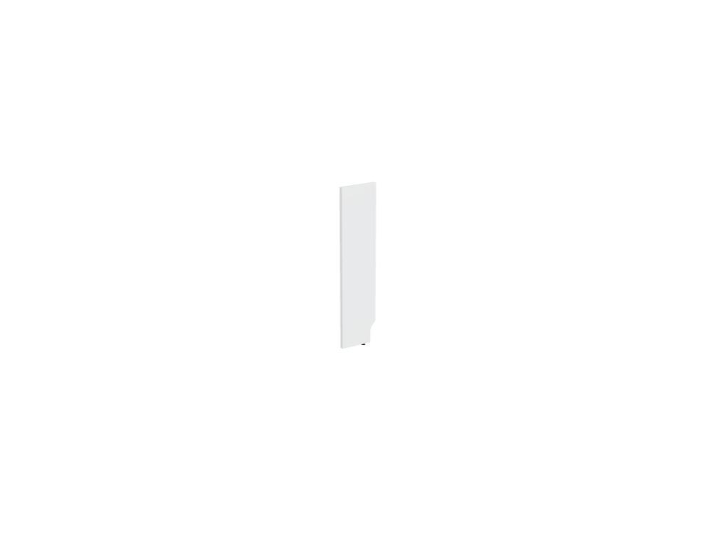 Weisse modulare Empfangstheke Linea von Mdd mit Glasfront, LED-Beleuchtung, Aluminiumsockel und Edelstahl-Eckleiste im Büro.