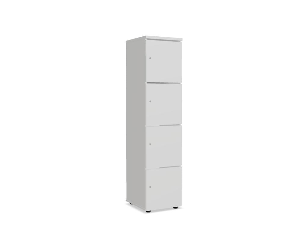 Weiss-pastellfarbener Spind Locker Standard von Mdd mit roter Melaminfront, Patentschloss und Einwurfschlitz, aus Melaminplatte mit ABS-Umleimer.
