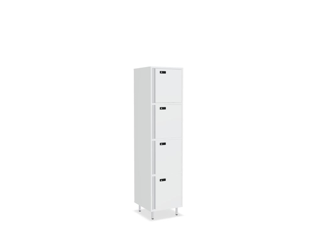 Roter matt lackierter Schliessfachschrank Locker Plus von Mdd aus Melaminplatte mit Aluminium-Kantengriffen und Patentschloss.