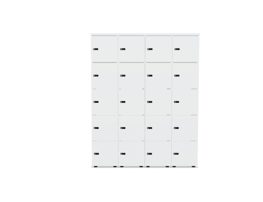 Weisser Schliessfachschrank mit roter Front, mehreren Fächern, Melaminplatte, Patentschloss und Standfüssen, Modell Locker Standard.