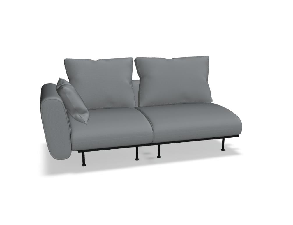 Modulares Sofa Lotus von Mdd in Dunkelgrau mit gepolsterter Rückenlehne, breiten Armlehnen und schwarzen Metallfüssen, frontale Sitzansicht.