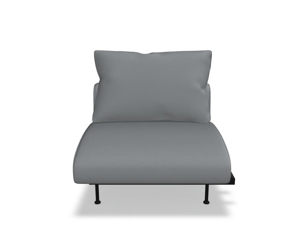 Modulares Sofa Lotus von Mdd in Dunkelgrau mit gepolsterter Rückenlehne, breiten Armlehnen und schwarzen Metallfüssen, frontale Sitzansicht.