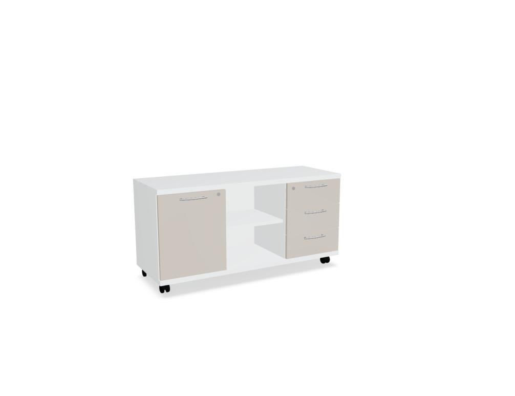 Chefzimmerschrank Standard von Mdd in Weiss Pastell mit Front in Eiche Natur, Schubladen und offenen Regalfächern aus Melaminplatte.