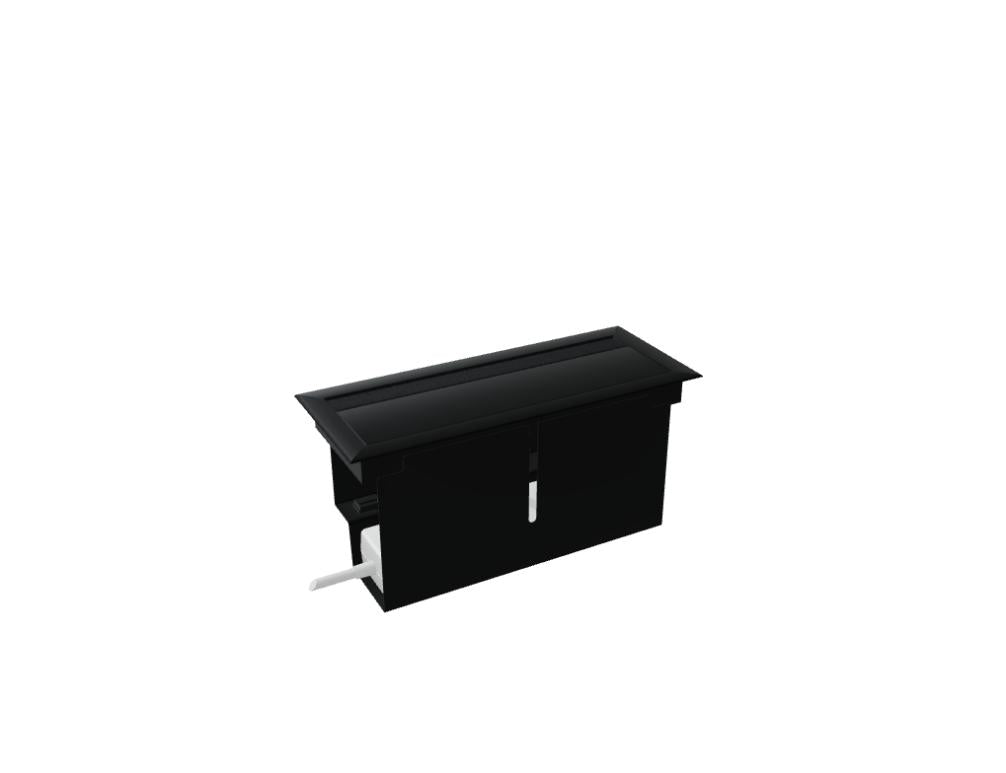 Weisse Mediabox von Mdd, kompaktes Modul mit Steckdose sowie USB-A- und USB-C-Anschluss zur Montage an Schreibtisch oder Gestell.