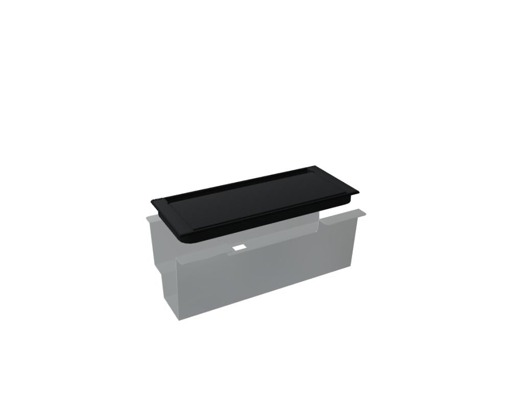 Weisse Mediabox von Mdd, kompaktes Modul mit Steckdose sowie USB-A- und USB-C-Anschluss zur Montage an Schreibtisch oder Gestell.