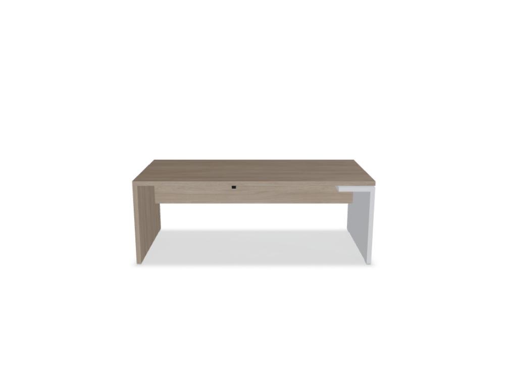 Chefschreibtisch Mito von Mdd in Bernsteineiche mit HPL-Wangenfuss in schwarz oder weiss, Melaminplatte mit ABS-Umleimer, rechteckige Form.