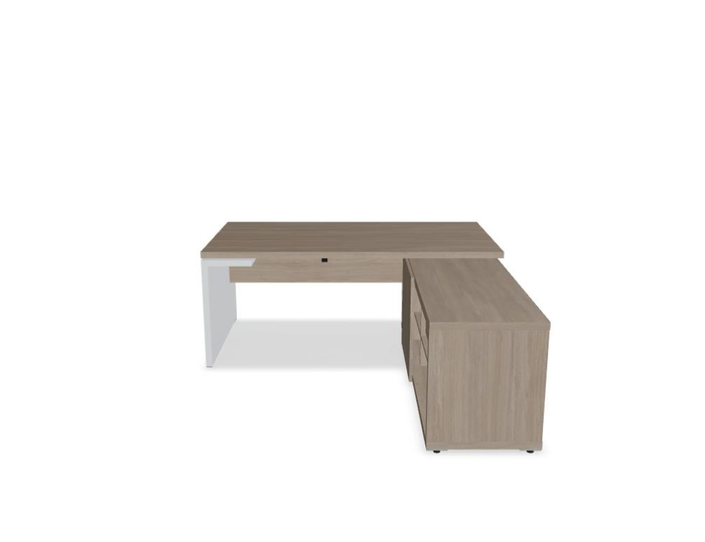 Chefschreibtisch Mito von Mdd in Bernsteineiche mit HPL-Wangenfuss in schwarz oder weiss, Melaminplatte mit ABS-Umleimer, rechteckige Form.