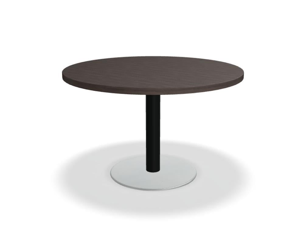 Quadratischer Esstisch Mito mit Platte in Bernsteineiche, Metallsäule und Tellerfuss aus Edelstahl, weiss pulverbeschichtetes Gestell.