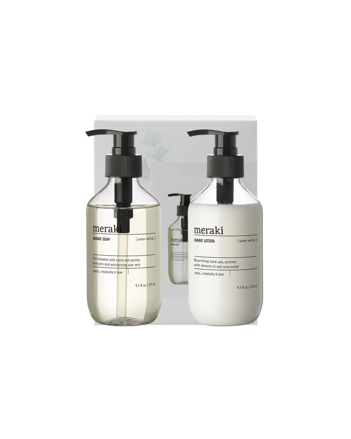 Elegante Geschenkbox mit winterlicher Handseife und Handlotion von Meraki, ideal für eine verwöhnende Pflege im Winter.