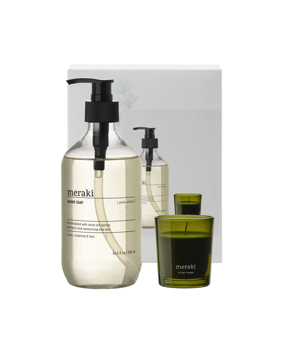 Elegante Geschenkbox mit winterlicher Handseife und duftender Kerze, ideal für entspannende Momente in der kalten Jahreszeit.