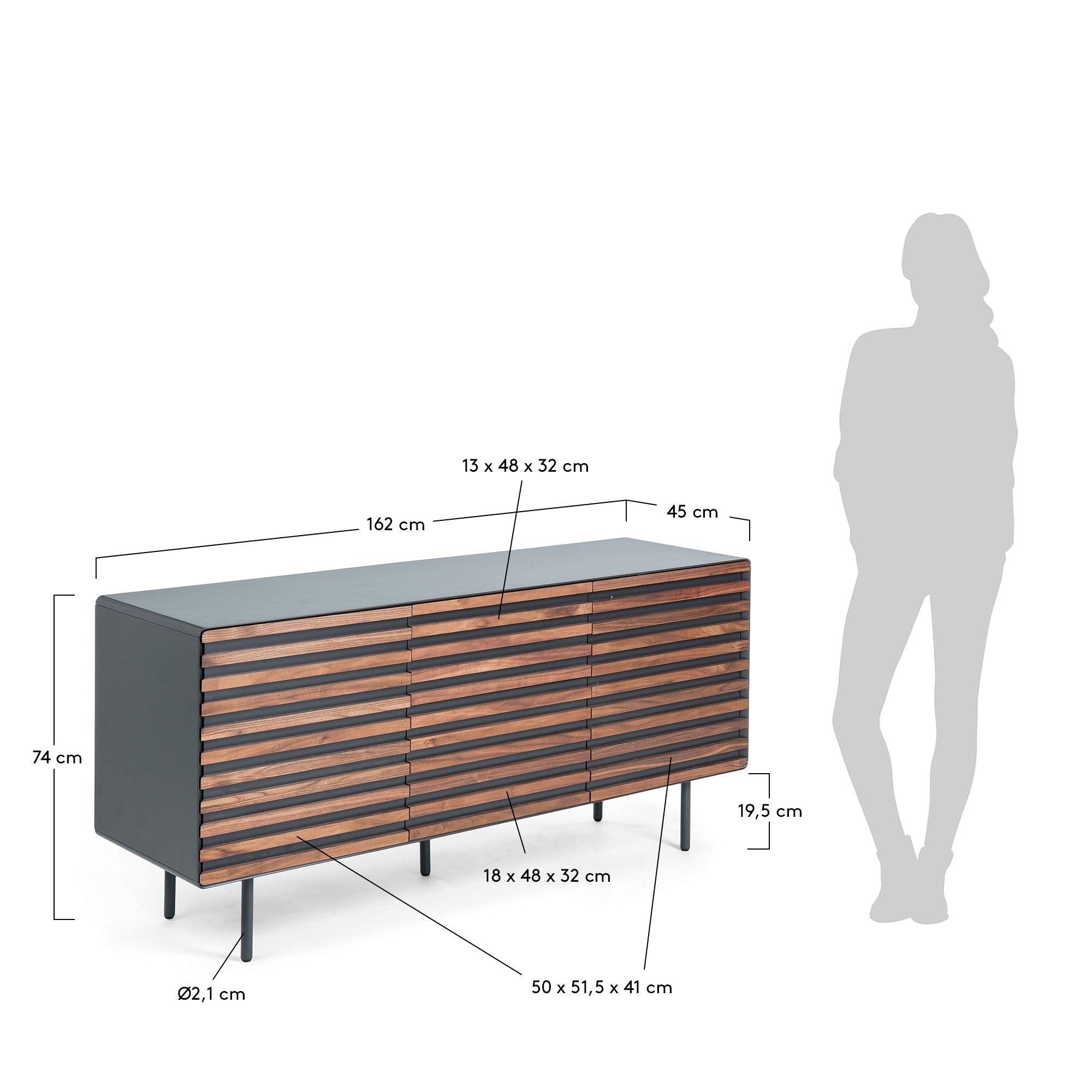 Eleganter Kesia Schrank mit 2 Türen, aus edlem Nussholzfurnier und schwarzem Stahl, Maße 162x74 cm, von Kave Home.