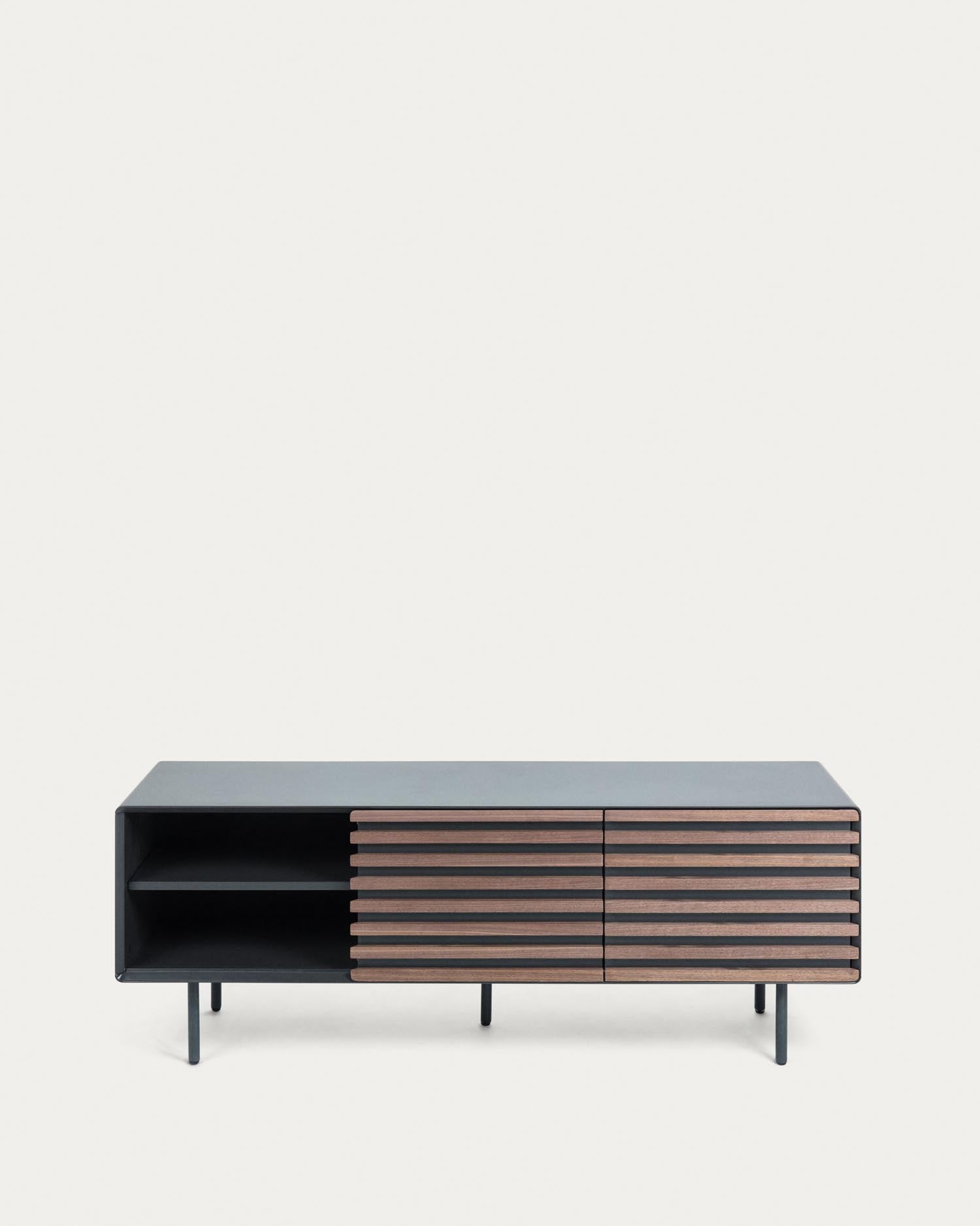Eleganter TV-Schrank aus Nussholzfurnier mit schwarzer Lackierung und Stahlakzenten, 162x58 cm, ideal für modernes Wohnen.