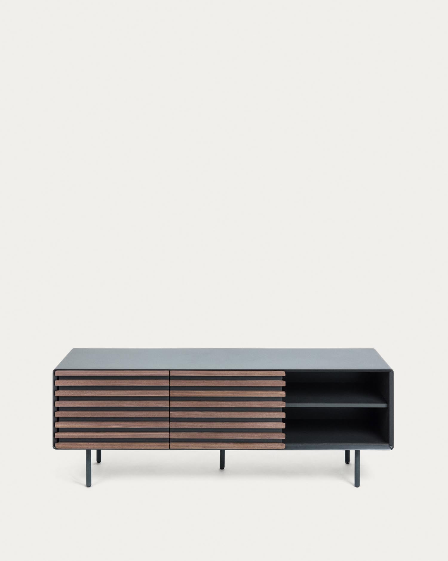Eleganter TV-Schrank aus hochwertigem Nussholzfurnier, schwarzem Stahl und Lack, 162x58 cm, ideal für moderne Wohnräume.