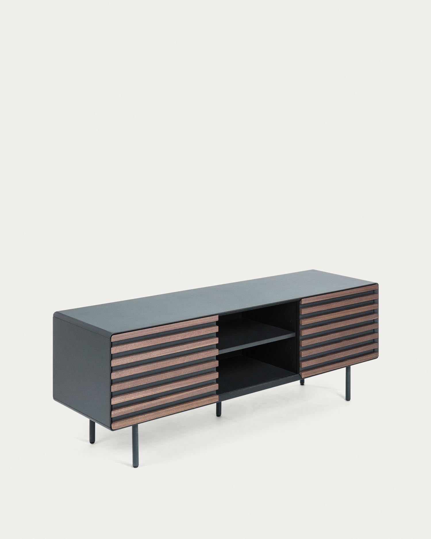 Moderner TV-Schrank aus edlem Nussholzfurnier, schwarzem Stahl und Lack, 162x58 cm, perfekt für stilvolle Wohnbereiche.