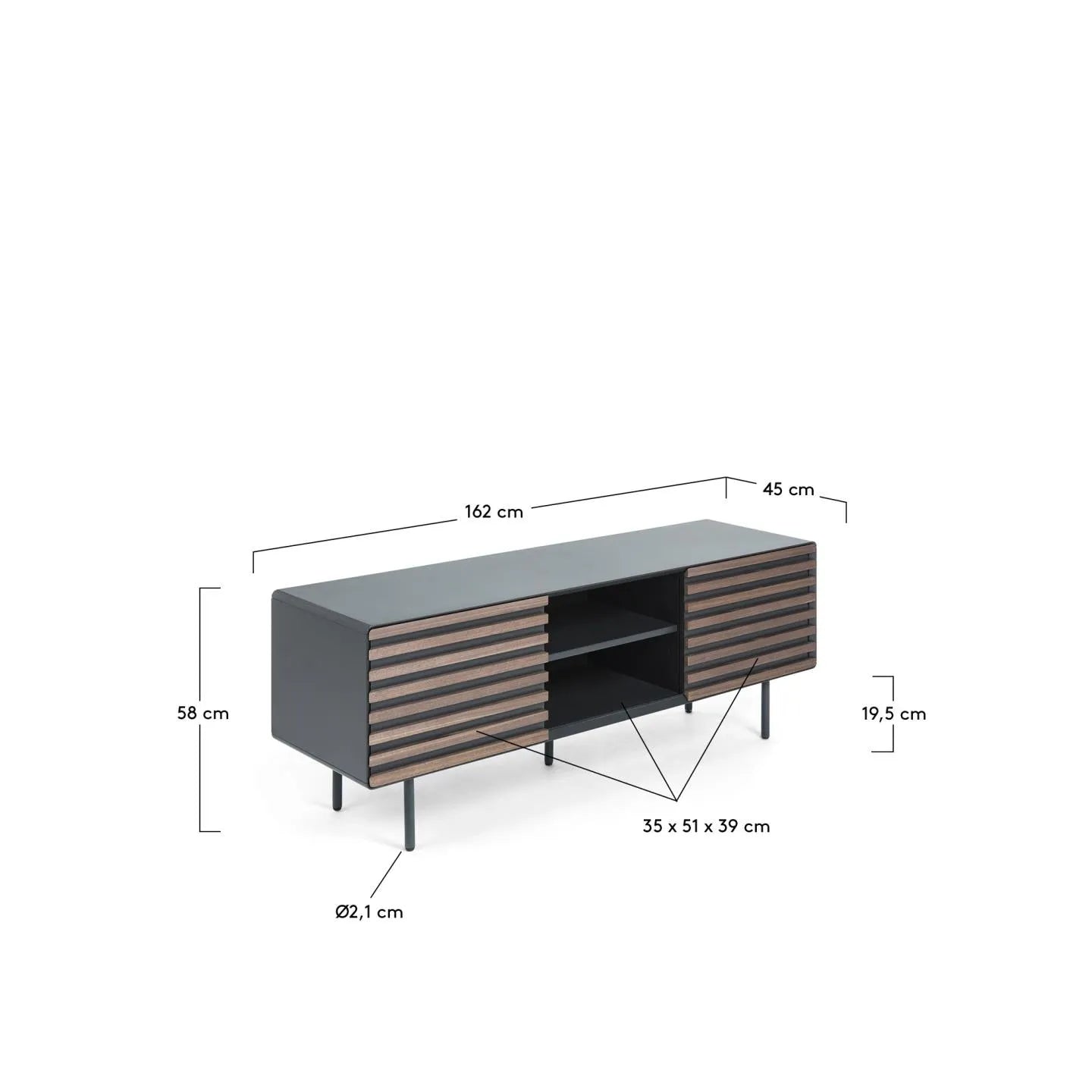 Moderner TV-Schrank aus edlem Nussholzfurnier, schwarzem Stahl und Lack, 162x58 cm, perfekt für stilvolle Wohnräume.