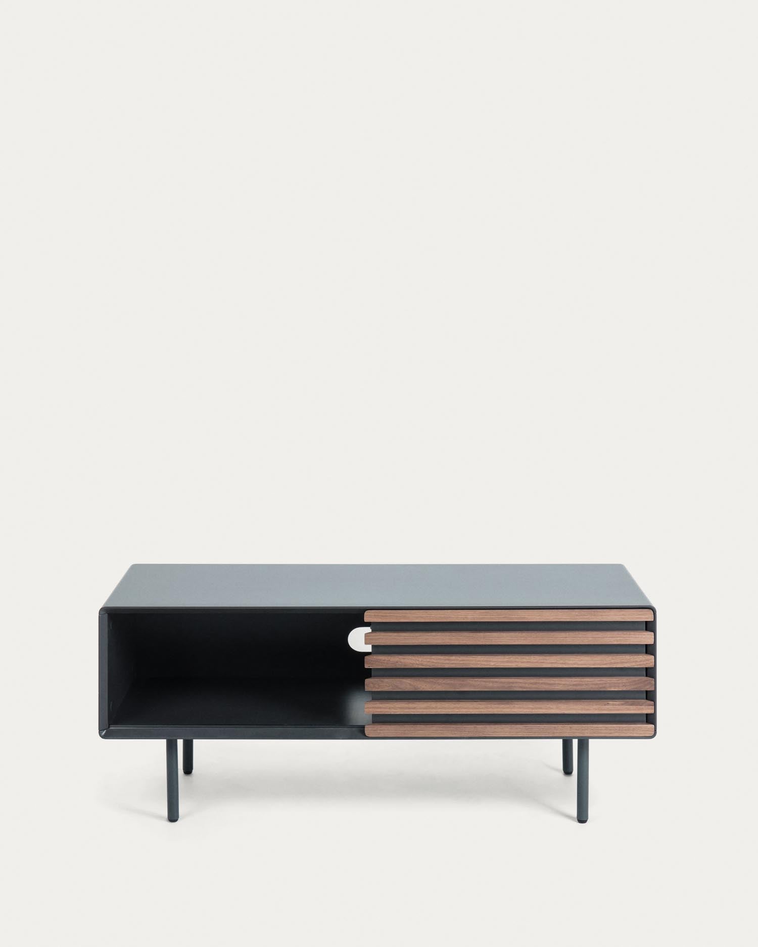 Moderner Kesia TV-Schrank mit edler Nussholzfront und schwarzem Finish, 120 x 48,5 cm, perfekt für stilvolle Wohnräume.