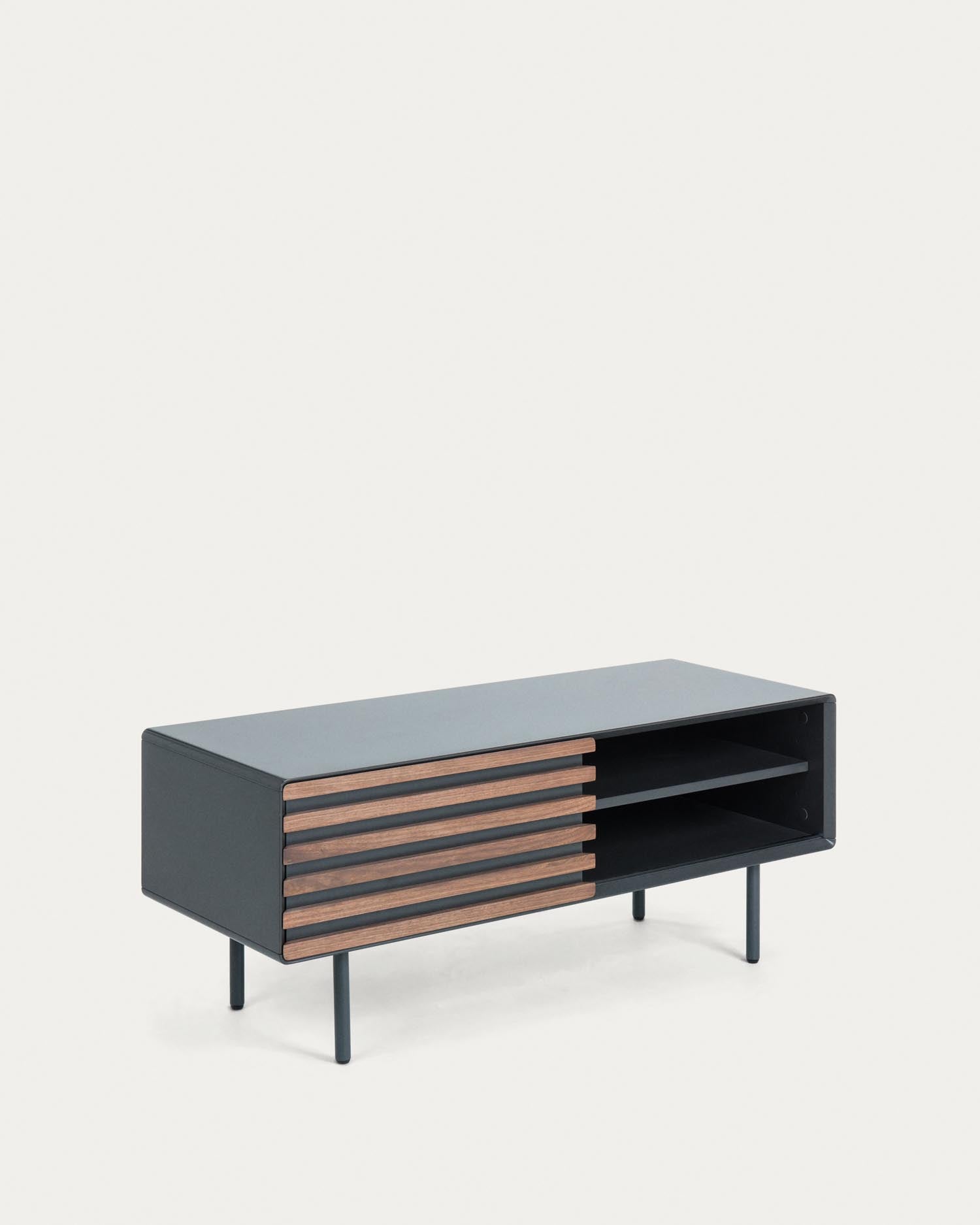Eleganter TV-Schrank aus Nussholzfurnier mit schwarzer Lackierung und Stahlakzenten, 120 x 48,5 cm, ideal für moderne Wohnräume.