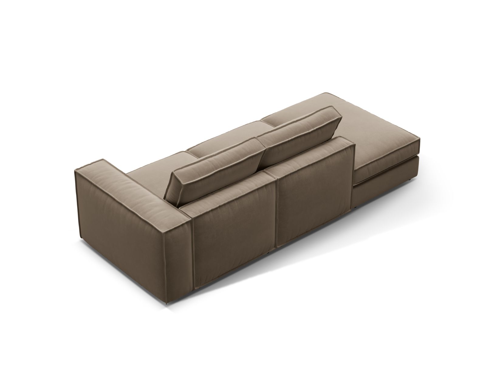 Elegantes 3-Sitzer Sofa Pola Open End links in sanften Grautönen, ideal für stilvolle Wohnräume und gesellige Stunden.