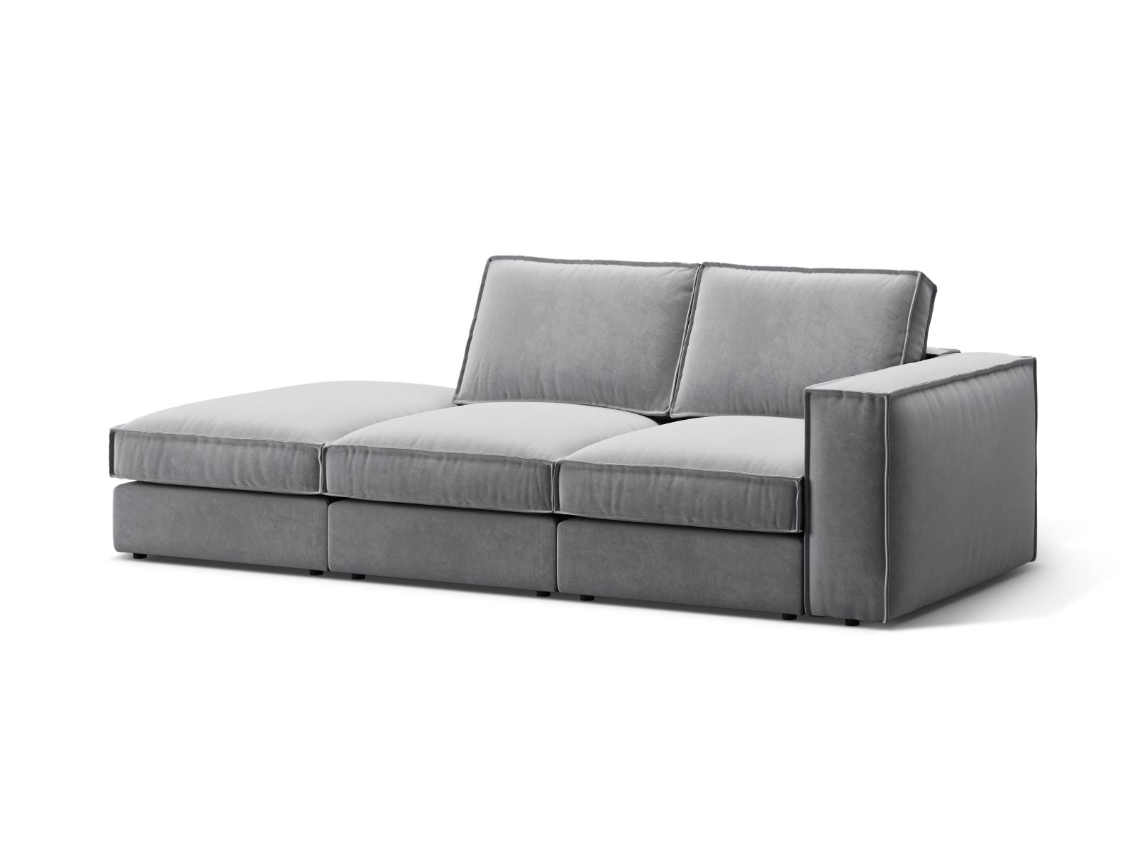 Elegantes 3-Sitzer Sofa Pola Open End links in stilvollem Grau, ideal für moderne Wohnräume, erhältlich bei KAQTU Design AG.