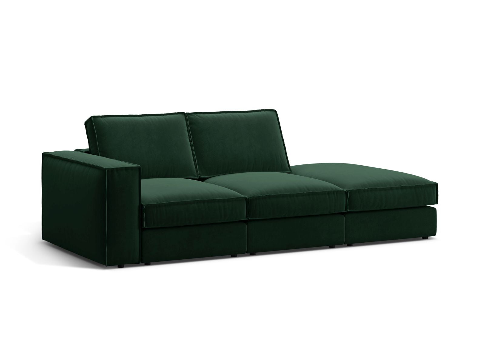 Elegantes 3-Sitzer Sofa Pola in Flaschengrün mit offenem Ende rechts, ideal für moderne Wohnräume, erhältlich bei KAQTU Design AG.