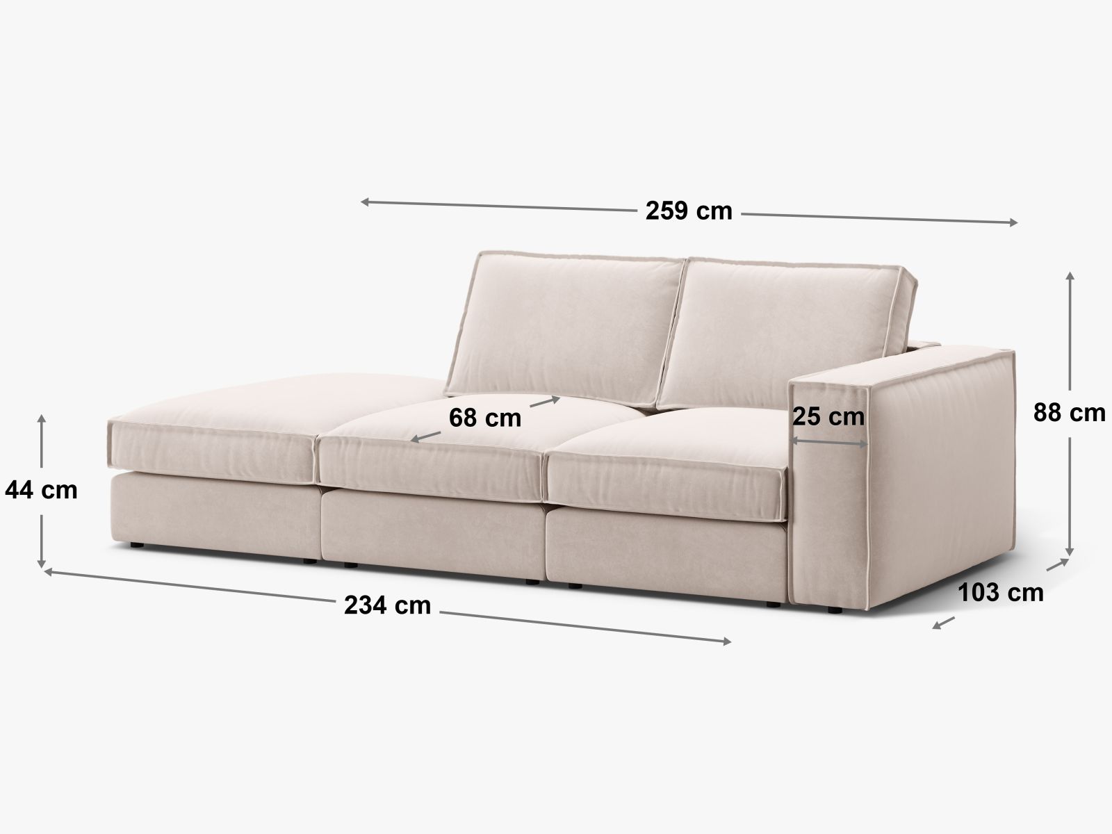 Modernes 3-Sitzer Ecksofa Open End rechts Pola in elegantem Weiß, perfekt für stilvolle Wohnzimmer und gemütliche Entspannung.