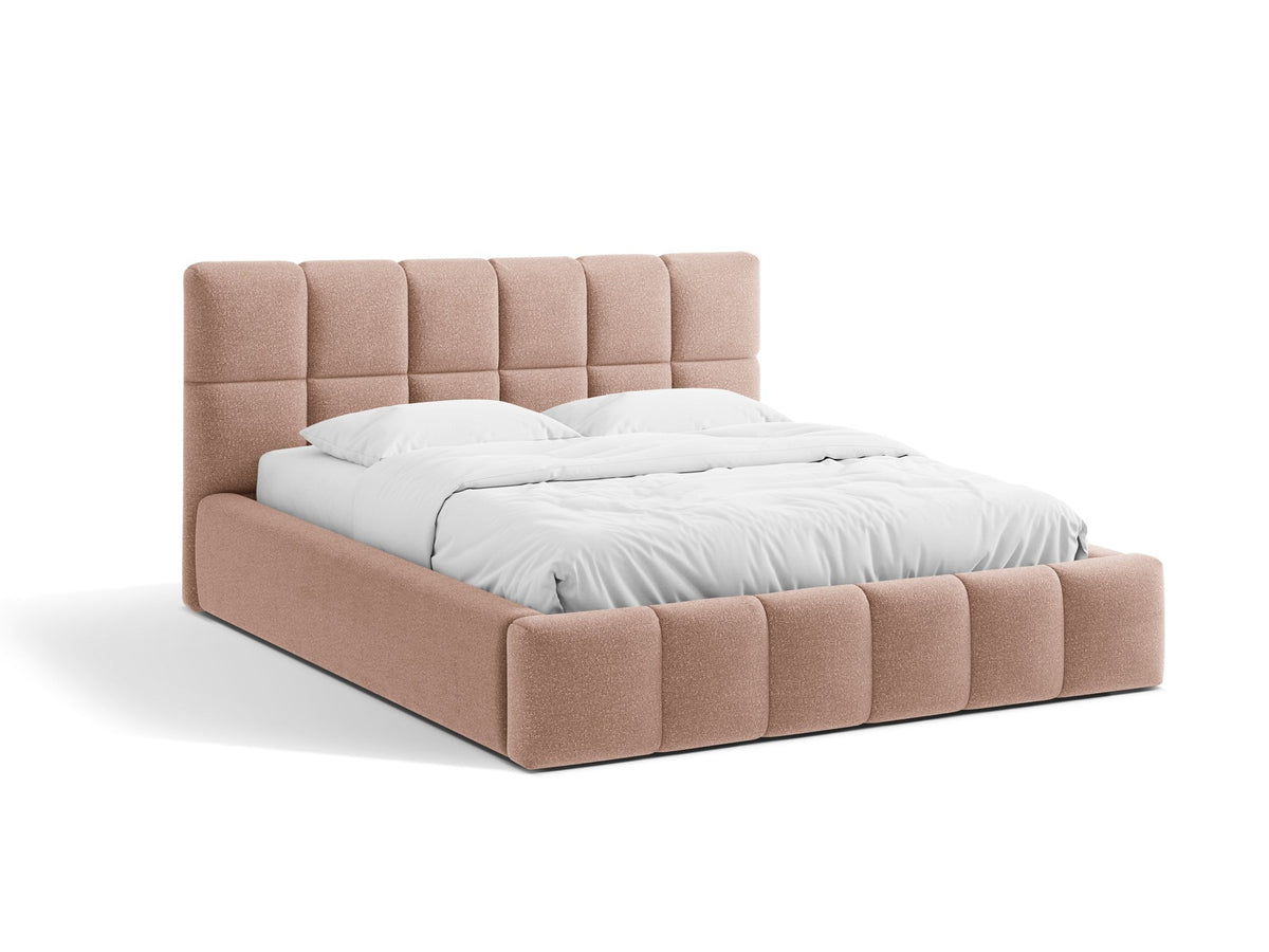 Polsterbett Bellis mit gepolstertem Kopfteil in Leichtes Beige, Stoff Eden, Gaslift-Bettkasten und schwarzen Kunststoffbeinen.