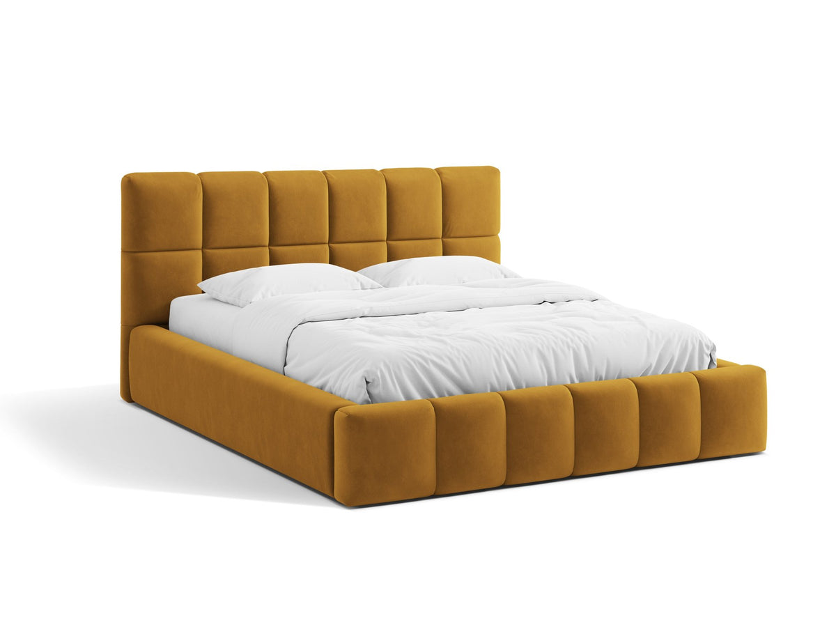 Polsterbett Bellis mit gepolstertem Kopfteil in Leichtes Beige, Stoff Eden, Gaslift-Bettkasten und schwarzen Kunststoffbeinen.