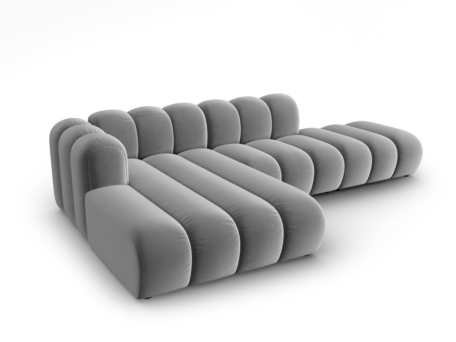 Modulares Ecksofa Lupine in Velours, linksseitig, 5-Sitzer in modernem Grau, perfekt für gemütliche und stilvolle Wohnambiente.