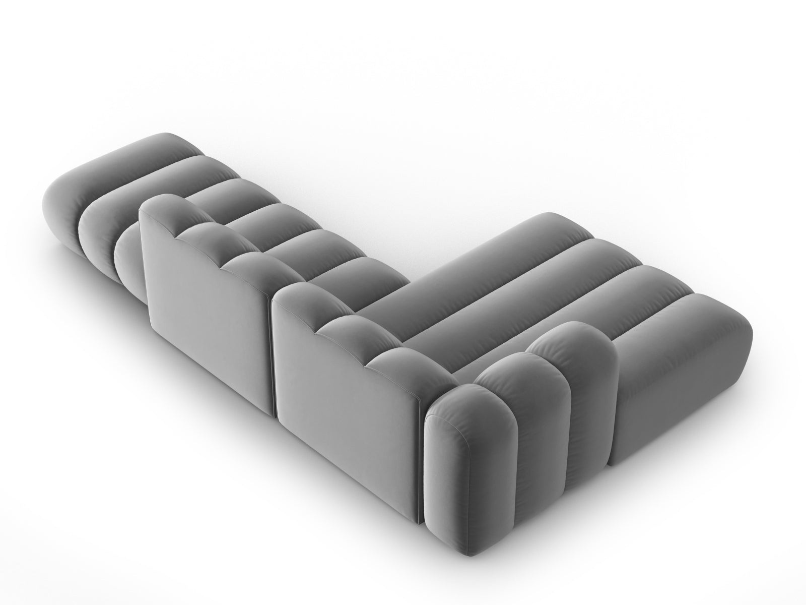 Elegantes, modulares Ecksofa Lupine in weichem Velours, linksseitig, 5-Sitzer in zeitgemäßem Grau für stilvolle Wohnräume.