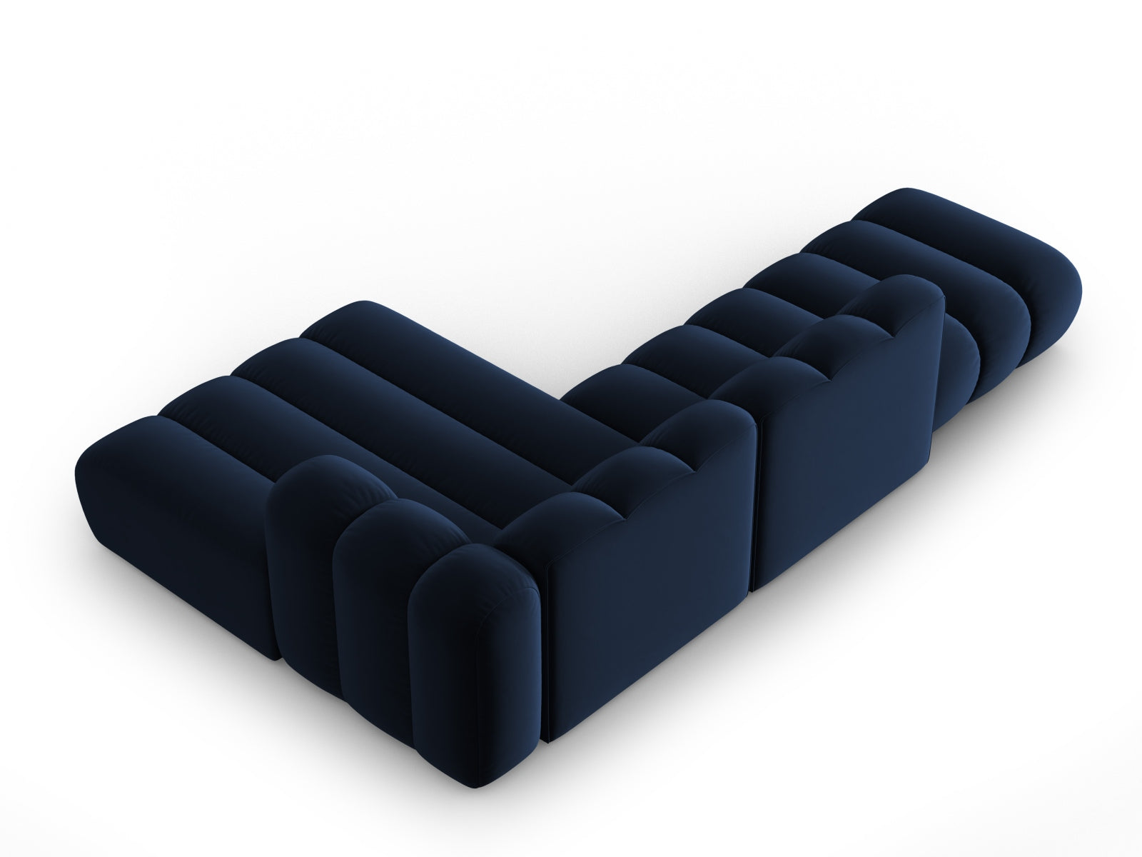 Elegantes, modulares Ecksofa in Royal Blue, 5-Sitzer mit offener rechter Seite, perfekt für stilvolle und einladende Wohnräume.