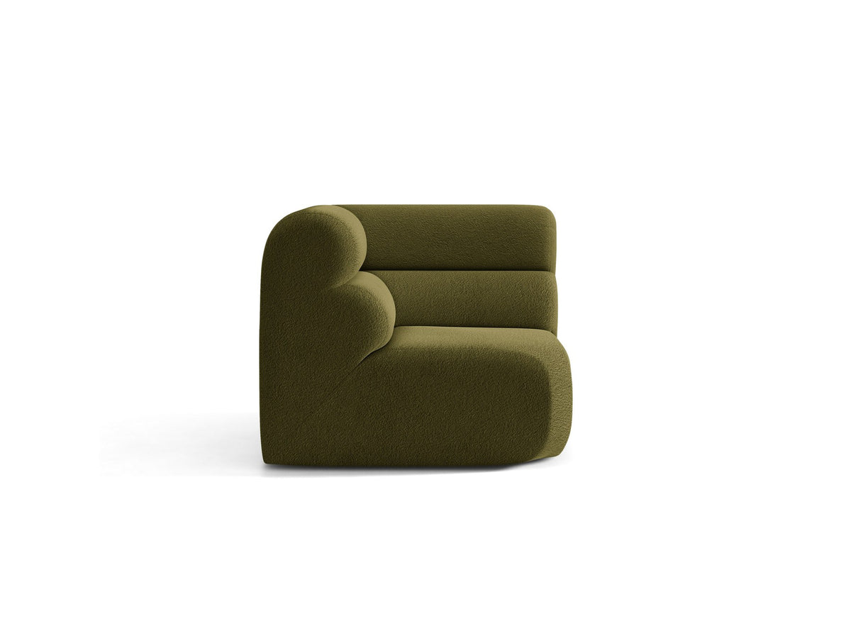 Eckmodul Neo von Micadoni in dunklem Olivgrün, gepolstertes modulares Sofa mit hoher Rückenlehne und schwarzen Kunststoffbeinen.