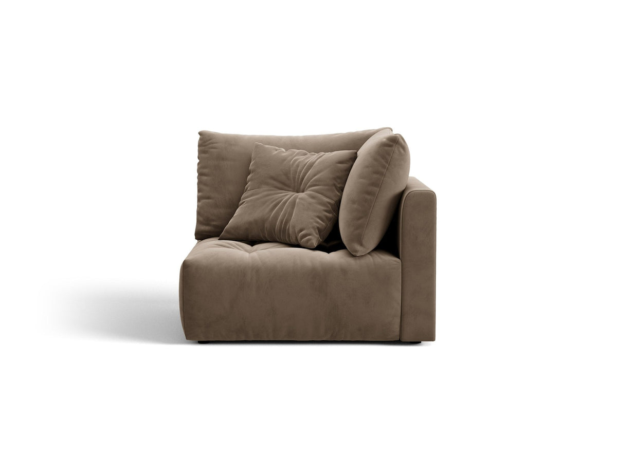 Eckmodul des Bloom Sofas von Micadoni in leichtem Beige, Bezug aus Casino Velours-Stoff, schwarze Kunststoffbeine, gepolsterte Rückenlehne.