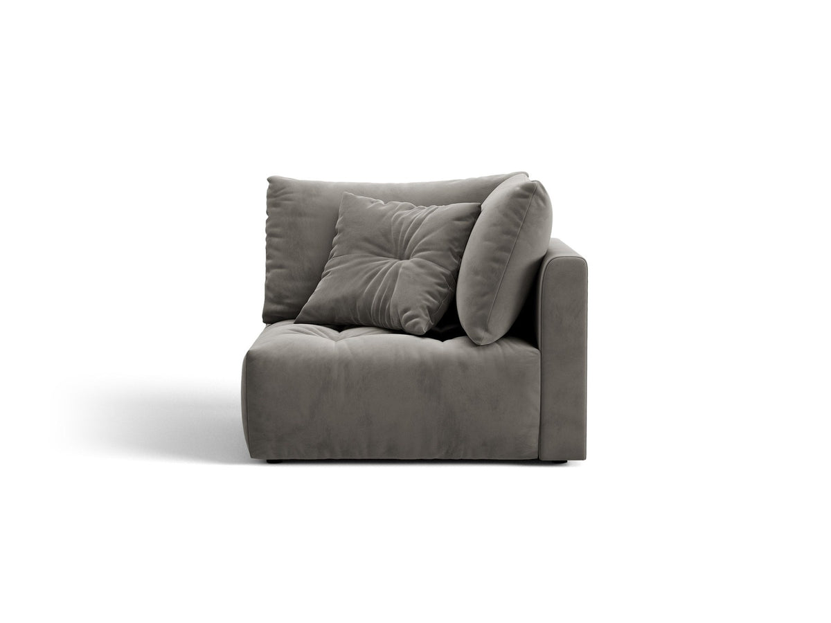Eckmodul des Bloom Sofas von Micadoni in leichtem Beige, Bezug aus Casino Velours-Stoff, schwarze Kunststoffbeine, gepolsterte Rückenlehne.