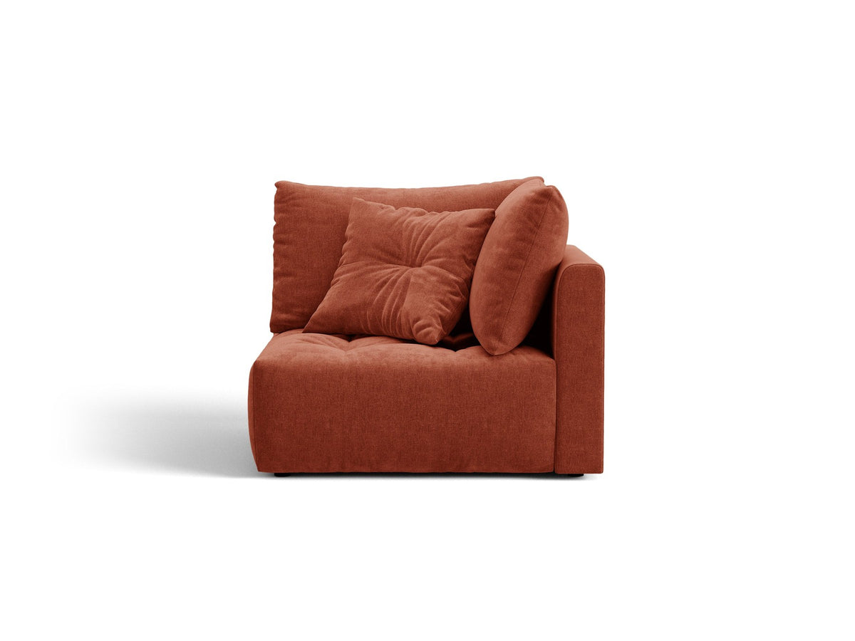 Eckmodul des Bloom Sofas von Micadoni in leichtem Beige, Bezug aus Casino Velours-Stoff, schwarze Kunststoffbeine, gepolsterte Rückenlehne.