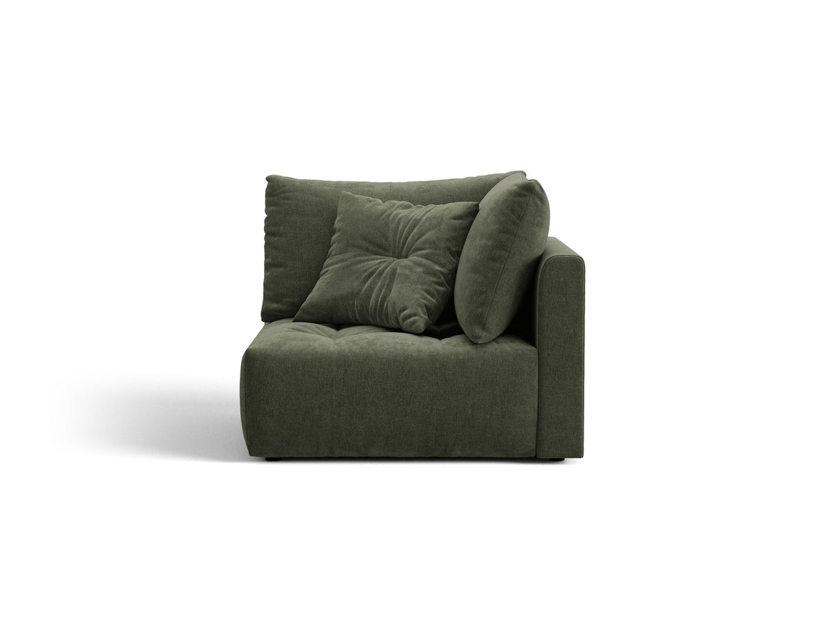 Eckmodul des Bloom Sofas von Micadoni in leichtem Beige, Bezug aus Casino Velours-Stoff, schwarze Kunststoffbeine, gepolsterte Rückenlehne.