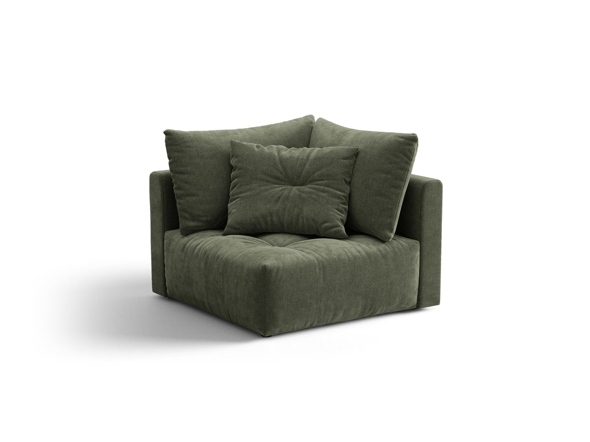 Eckmodul des Bloom Sofas von Micadoni in leichtem Beige, Bezug aus Casino Velours-Stoff, schwarze Kunststoffbeine, gepolsterte Rückenlehne.