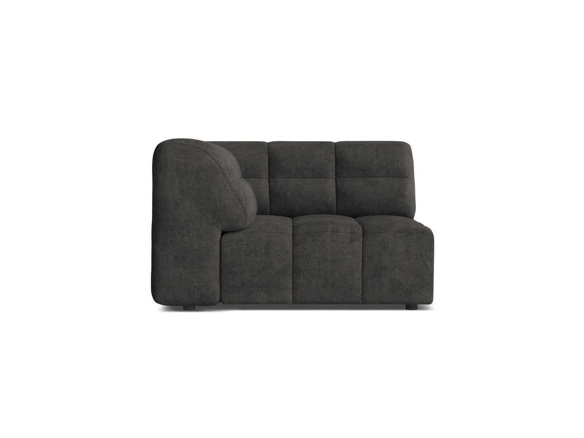 Eckmodul eines modularen Sofas in leichtem Beige mit Chenille-Bezug Eden, schwarzen Kunststoffbeinen und niedriger Rückenlehne.
