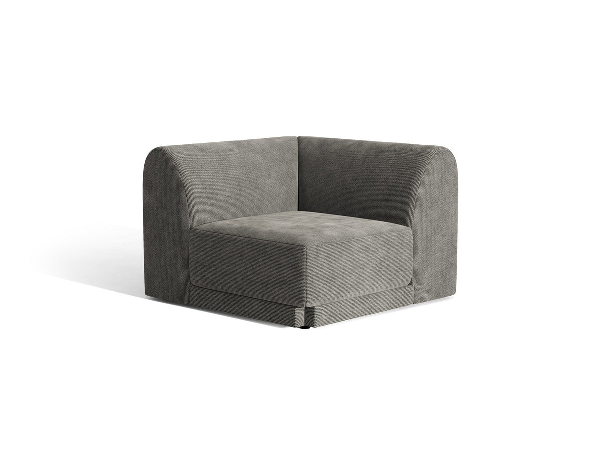 Miley Eckmodul von Micadoni in Dunkelbeige, modulares Sofa mit Stoffbezug Bluvel 30 und schwarzen Kunststoffbeinen aus Polypropylen