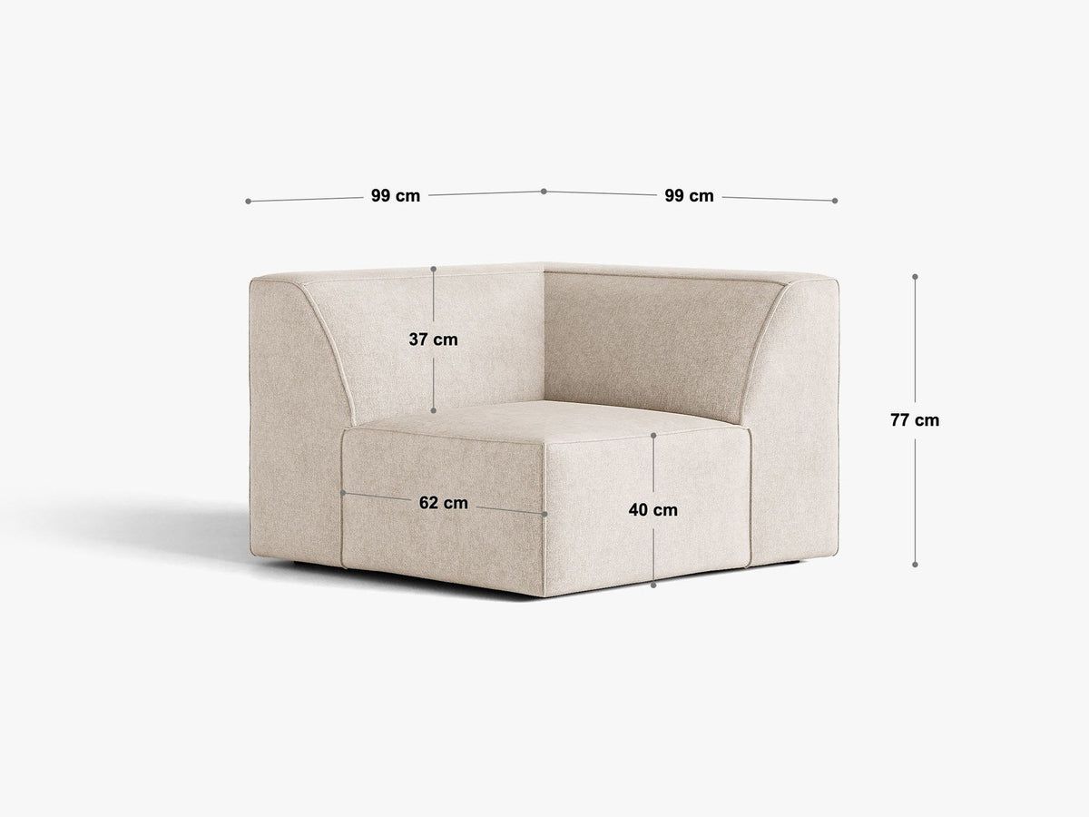 Eckmodul Jodie von Micadoni in leichtem Beige, Venus-Samtstoff, schwarze Kunststoffbeine, Teil eines modularen Sofasystems.