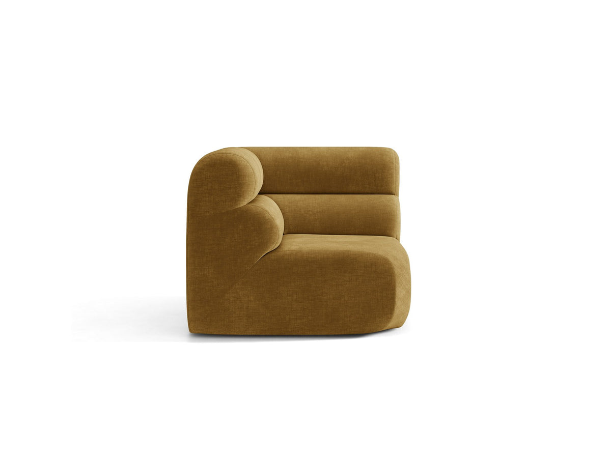 Eckmodul Neo von Micadoni in dunklem Olivgrün, gepolstertes modulares Sofa mit hoher Rückenlehne und schwarzen Kunststoffbeinen.