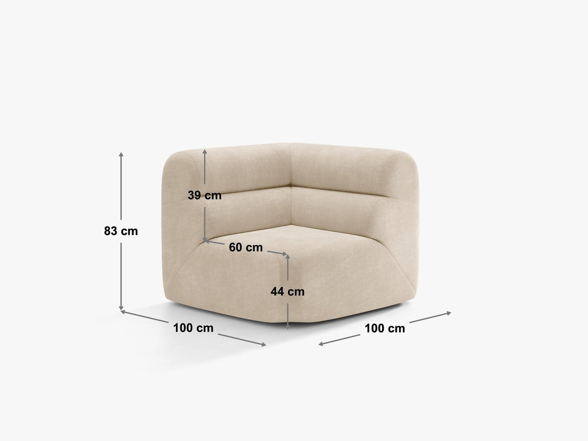 Eckmodul Neo von Micadoni in dunklem Olivgrün, gepolstertes modulares Sofa mit hoher Rückenlehne und schwarzen Kunststoffbeinen.